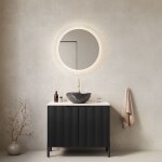 Meuble - lavabo sur pied avec vasque effet pierre noire et portes de rangement rayes. design, 76 x 48 ...