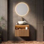 Meuble lavabo suspendu 60 cm, vasque c�ramique effet pierre, tiroir fa�ade massif, led capteur, ch�ne ...
