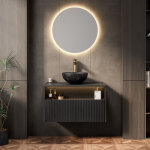 Meuble lavabo suspendu 80 cm, vasque c�ramique noire effet pierre, tiroir bois massif, led capteur