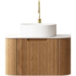 Meuble - lavabo suspendu simple vasque avec vasque ronde en cramique blanche et tiroir, finition raye, ...