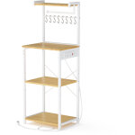 Meuble de rangement cuisine avec �tag�re r�glable, 8 crochets, bar � caf�, 4 niveaux, blanc et ch�ne