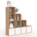 Meuble de rangement en escalier lorys 4 niveaux bois et blanc avec 4 tiroirs en tissu