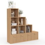 Meuble de rangement en escalier lorys 4 niveaux effet lattes juliette avec 4 tiroirs en tissu