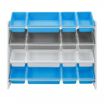 Meuble de rangement de jouets pour enfant, 4 niveaux, 16 bacs en plastique, blanc, bleu, gris