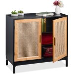 Meuble avec rotin tress�, hxlxp : 76x80x39 cm, commode salon, 2 portes, mdf & bambou, noir - nature - ...