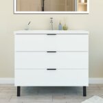 Meuble de salle de bain 100cm avec 3 tiroirs + 2 pieds, meuble simple vasque, blanc