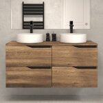 Meuble de salle de bain 120 avec plateau et 2 vasques  poser - sans miroir - 4 tiroirs - tabaco (bois ...