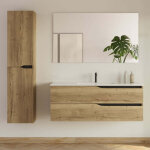 Meuble de salle de bain 120cm avec simple vasque - 2 tiroirs et colonne de rangement - madera miel (bois ...