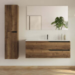 Meuble de salle de bain 120cm avec simple vasque - 2 tiroirs et colonne de rangement - tabaco (ch�ne ...