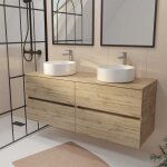 Meuble de salle de bains 140 timber décor chêne - 4 tiroirs - 2 vasques rondes blanches ø36cm Meuble de salle de bains 140 timber décor chêne - 4 tiroirs - 2 vasques rondes blanches ø36cm