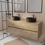Meuble de salle de bains 140 timber d�cor ch�ne - 4 tiroirs - 2 vasques rondes noires �36cm