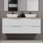 Meuble de salle de bain 140cm avec plateau miel et deux vasques à poser zeus - 4 tiroirs - sans miroir ... Meuble de salle de bain 140cm avec plateau miel et deux vasques à poser zeus - 4 tiroirs - sans miroir ...