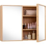 Meuble salle de bain avec 2 porte et miroir, armoire salle de bain en bambou, 3 compartiment large et ...