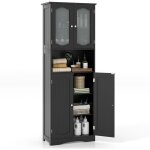 Meuble de salle de bain  4 portes et 1 grand compartiment ouverte, armoire haute avec porte en verre ...
