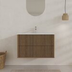 Meuble salle de bains 60cm 2 tiroirs d�cor ch�ne et noir crant� - vasque blanche mate - yuki