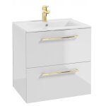 Meuble sous vasque simple 60x40 cm ? blanc brillant ? 2 tiroirs ? poign�es dor�es ? syst�me soft close ...