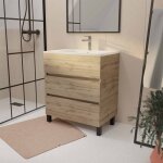 Meuble de salle de bains 70 cm timber - d�cor ch�ne naturel 3 tiroirs avec vasque blanche