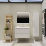 Meuble salle de bain 80 cm - plan vasque céramique - blanc mat - a suspendre - karaib 2 Meuble salle de bain 80 cm - plan vasque céramique - blanc mat - a suspendre - karaib 2