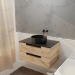 Aurlane - meuble salle de bains 80 cm a suspendre decor bois et plan noir - 2 tiroirs - vasque noire ...