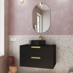 Aurlane - meuble salle de bains 80cm noir mat et or dor 2 tiroirs - vasque noire - miroir & applique ...