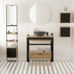 Meuble salle de bain 90 cm en chne naturel et mtal noir, plan en bois et tiroir - iron