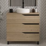 Cosyneo - meuble de salle de bain 90cm avec plateau et vasque � poser - 3 tiroirs - sans miroir - madera ...