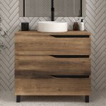 Meuble de salle de bain 90cm avec plateau et vasque  poser - 3 tiroirs - sans miroir - tabaco (chne ...