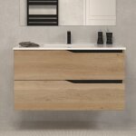 Meuble de salle de bain 90cm simple vasque - 2 tiroirs - sans miroir - madera miel (ch�ne clair) - luna ...