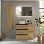 Meuble de salle de bain bequia plus 3c 90cm ch�ne vasque � poser porcelaine c�t� r�versible 1p