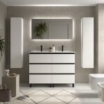 Meuble de salle de bain bequia metal 3c 120cm blanc mat vasque porcelaine centrale