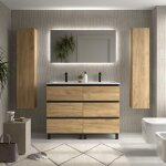 Meuble de salle de bain bequia metal 3c 120cm ch�ne vasque porcelaine centrale