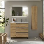 Meuble de salle de bain bequia plus metal 3c 90cm ch�ne vasque porcelaine robinet � droite 1p