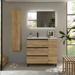 Meuble de salle de bain bequia plus metal 3c 90cm ch�ne vasque porcelaine robinet � gauche 1p