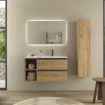 Meuble de salle de bain bequia plus metal 90cm ch�ne vasque porcelaine robinet � droite 2h