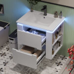 Meuble salle de bains lavabo c�ramique avec 2 tiroirs silencieux, �clairage de d�tection radar � led, ...