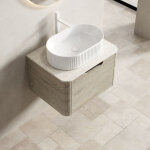 Meuble de salle de bain lavabo mural vasque ovale blanche plan de travail en pierre fritt�e avec tiroirs ...