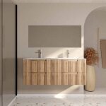 Aurlane ? meuble de salle de bain suspendu 120cm ? 4 tiroirs ondul�s ? vasque en c�ramique blanche ? ...