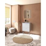 Meuble de salle de bain mahor� caisson ch�ne dor� 40 cm. vasque c�ramique. miroir. applique led. pied ...