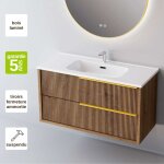Meuble de salle de bain plan vasque céramique, 2 tiroirs chêne foncé, poignée or, l100xh54xp45, effet ... Meuble de salle de bain plan vasque céramique, 2 tiroirs chêne foncé, poignée or, l100xh54xp45, effet ...