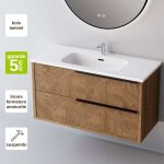 Meuble de salle de bain plan vasque cramique, 2 tiroirs chne moyen poigne noir, l100xh54xp45, effet ...