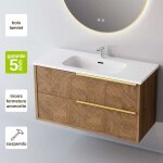 Meuble de salle de bain plan vasque cramique, 2 tiroirs chne moyen poigne or, l100xh54xp45, effet ...