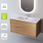 Meuble de salle de bain plan vasque cramique, 2 tiroirs chne naturel, poigne inox satin, l60xh54xp45, ...