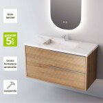 Meuble de salle de bain plan vasque grs crame blanc storm, 2 tiroirs chne naturel, poigne inox satin, ...