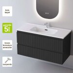 Meuble de salle de bain plan vasque solide surface, 2 tiroirs, l80xh54xp45, laqu noir mat, glow