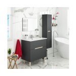 Meuble de salle de bain au sol 80 cm 1 tiroir et 1 porte gris anthracite et chne clair avec miroir et ...