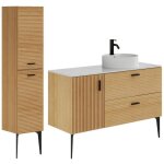 Meuble de salle de bain stri sur pieds avec vasque  poser et colonne - 1 porte et 2 tiroirs - naturel ...