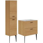 Meuble de salle de bain stri sur pieds avec vasque  encastrer et colonne - 2 tiroirs - naturel clair ...