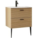 Meuble de salle de bain stri� sur pieds avec vasque � encastrer et robinet - 2 tiroirs - naturel clair ...