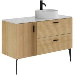 Meuble de salle de bain stri sur pieds avec vasque  poser ronde - 1 porte et 2 tiroirs - naturel clair ...