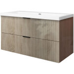 Meuble de salle de bain suspendu 100 cm, 2 tiroirs, avec vasque blanche, mdf ch�ne brillant